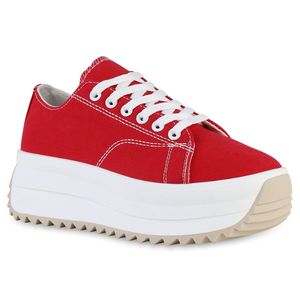 VAN HILL Damen Plateau Sneaker Schnürer Profil-Sohle Wedge Stoff Schuhe 841133, Farbe: Rot, Größe: 37