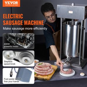VEVOR elektrický pěchovač klobás, vertikální motor 400 W, 25 l/55 lbs, plynulá regulace otáček a nožní pedál, vyrobeno z potravinářské nerezové oceli 304, 5 plnicích trubek