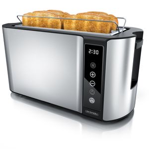Arendo Toaster für 4 Scheiben Langschlitz 1500 W, Brötchenaufsatz, Wärmeisoliert, Display, Touch, Silber