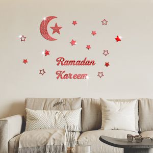 3D Ramadan Kareem Aufkleber Dekorationen Wand Eid Mubarak Eid Al Adha Mond und Stern Aufkleber Islamische Spiegeldekoration (Rot)