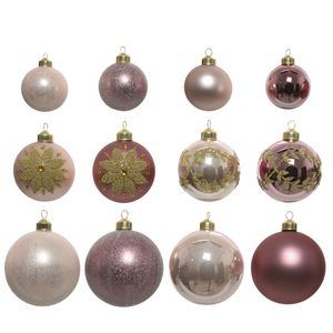 Christbaumkugel - Weihnachtskugel - Glas - 3 Größen - glänzend matt glitzernd - rosa - 12er Set
