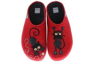 TOFEE Damen Hausschuhe Pantoffeln Pantoletten Naturwollfilz (Katze Wollknäuel) rot, Größe:40, Farbe:Rot