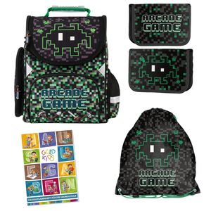 Schulranzen für Jungen und Mädchen, 4er-Set - Schul-Rucksack für Kinder mit Federmäppchen - Schuhbeutel und Hausaufgabenheft - Arcade Game Pixel Motiv