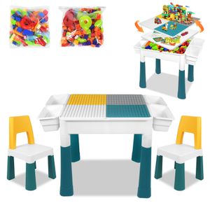 VA-Cerulean Kindertisch mit Stühle Kindersitzgruppe mit 163 Stück Bausteine Mehrzweck Tabelle zum Kleinkind Spieltisch Kindermöbel für Jungen und Mädchen