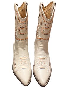ABTEL Stiefel Damen Widecalfschuhe Arbeiten Bestickte Westliche Cowgirl Boots Mode Chunky Heel Mid Calf Stiefel,Farbe:Beige,Größe:37