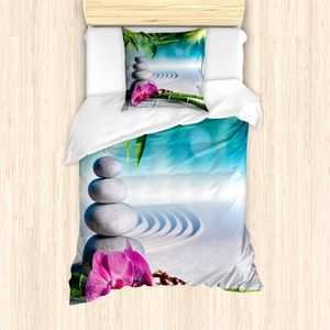 ABAKUHAUS Spa Mantele, Spa Sand Orchid Blume, Milbensicher Allergiker geeignet mit Kissenbezügen, 135 cm x 200 cm - 80 x 80 cm, Blauer Farn-Grün Fuchsia