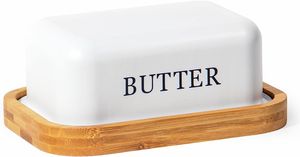 Theo&Cleo Butterdose , Butterglocke für 250 g Butter , Butter Dish aus Edelstahl , Butterschale mit Edlem & Nachhaltigem Bambusdeckel , Weiß