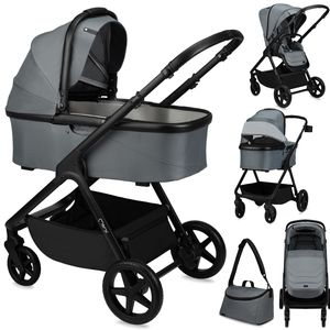 MoMi GISELLE 2in1 Kinderwagen – Babyschale Babywagen Buggy – Zubehör, Tasche, Adapter, Bis zu 22kg – Grau