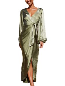 Damen Abendkleider Satin V-Neck Kleid Elegant Casual Long Maxi Kleider Wickelkleid Armeegrün,Größe L