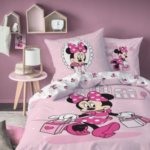 Minnie Mouse Bettwäsche 135x200 + 80x80 cm 2 tlg., 100 % Baumwolle in Biber, süße Disney Minnie Maus auf Shopping-Tour Mädchen-Bettwäsche in rosa, pink & weiß