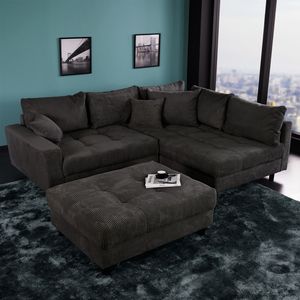 riess-ambiente Modernes Ecksofa KENT 220cm dunkelgrau Cord inklusive Hocker Federkern Wohnlandschaft Eckcouch Sofa Couch