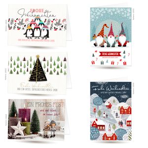 Weihnachtskarten Set mit Briefumschlag (Klappkarten) Wichtel, Dorf, Baum, Kerzen, Pinguine