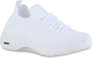 VAN HILL Damen Laufschuhe Sportschuhe Schnürer Sportliche Strick Schuhe 841618, Farbe: Weiß, Größe: 40