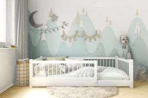 AXEL Kinderbett aus Kieferholz mit Schutzgitter Holzbett Weiß 80x160 Beinhöhe 3 cm