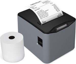 Bisofice 80 mm Desktop-Thermo-Belegdrucker POS USB+LAN-Verbindung, 83 mm Papierbehälter/203 dpi/220 mm/s Druckgeschwindigkeit/wandmontierbar, Grau