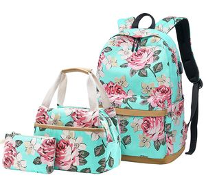 Schulrucksack Mädchen Teenager Damen Schultasche Canvas Schulranzen Set Blumen Rucksack für Mädchen Schule Freizeit mit Lunchpaket Tasche und Mäppchen