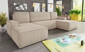 Wohnlandschaft mit Schlaffunktion Totti - U-Form Couch, Schlafsofa mit Bettkasten, Couchgranitur mit Bettfunktion, Big Sofa, Cord Stoff, Wohnzimmer (Beige (Poso 100))