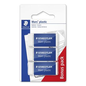 STAEDTLER Radierer Mars plastic, Phtalat- und latexfrei, geringe Krümelbildung, weiß, premium Qualität, geringe Abnutung, 2 Stück und 1 Stück gratis, 526 53 ABK3D