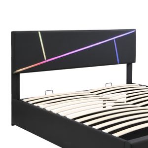 Flieks Polsterbett 160x200cm mit LED, Boxspringbett Jugendbett mit Lattenrost, Stauraumbett Doppelbett Massivholzbett, PU, Schwarz