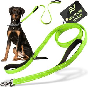 AVANA reflektierende Hundeleine mit integriertem Kurzführer | 2 handschonende gepolsterte Handschlaufen | 1,5 Meter Lange Reflektor Nylon Führleine für große und mittelgroße Hunde - Neon-Grün
