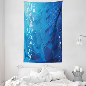 ABAKUHAUS Unterwasser- Wandteppich und Tagesdecke, Haie Schiffskompass aus Weiches Mikrofaser Stoff Waschbar ohne Verblassen Digitaldruck, 140 x 230 cm, Blau Weiss