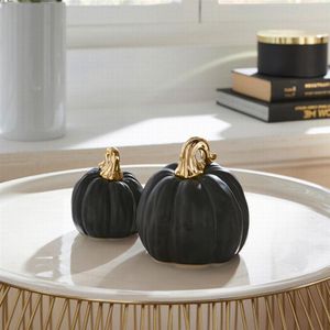 2x Kürbis "Black" aus Porzellan, schwarz / gold, Dekokürbis, Herbstdeko, Halloweendeko, Dekofigur