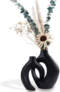 Keramikvase Matt, 2er-Set beige Vase für Pampasgras, Vase deco, Vase mit Loch Nordic Ringform Modernes Wohndekor für das Heimbüro Schwarz