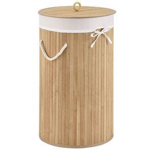 Juskys Bambus Wäschekorb Curly-Round – 55 Liter Volumen – Wäschesammler mit Deckel, Tragegriffen & Stoff Wäschesack – 1 Fach Wäschebox – in Natur