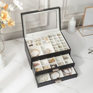 Schmuckkasten, 3 Ebenen 2 Schubladen, mit Sichtfenster, mit Schubkasten und Fächern, 3-Stöckige Schmuckaufbewahrung, Leder Aufbewahrungskoffer, Geschenkbox für Ringe, Ohrringe, Halsketten, Armbänder schwarz