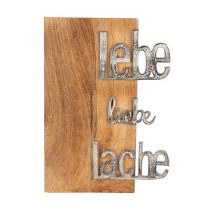 GILDE Wandrelief "Lebe Liebe Lache" naturfarben aus Mangoholz mit silberfarbenen Schriftzügen aus Aluminium, mit Aufhängung, H.45 cm, 50515