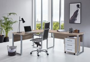 BMG Möbel Winkelschreibtisch Eckschreibtisch Schreibtisch mit abschließbarem Rollcontainer in Eiche Sonoma / weiß