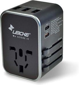 LEICKE Universaler Reiseadapter internationaler Reisestecker AC Steckdosenadapter, 6,5 A für 3 USB A Anschlüsse und 2 Typ C für mehr als 224 Länder