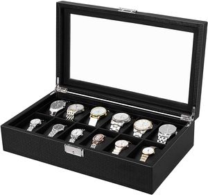 SONGMICS Uhrenbox mit 12 FÄchern, Glasdeckel, PolyurethanBezug, schwarz JWB302H