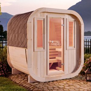 FinnTherm Fasssauna ScandiCube Mini XS Fasssauna 2 Sitzbänke aus Holz, Sauna mit 42 mm Wandstärke, Außensauna