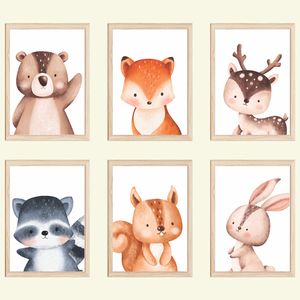 Waldtiere 6er Set Kinderzimmer Bilder DIN A4 Wandbilder Deko Babyzimmer Poster - Bär Fuchs Reh Waschbär Eichhörnchen Hase