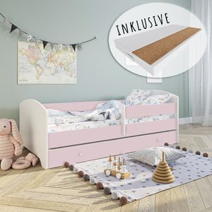 Kinderbett 160x80 cm mit Matratze und Schublade, Rausfallschutz & Lattenrost in pink Skandi