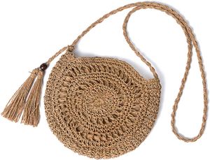 Vintage Strandtasche Stroh Rund Umhängetasche Strohtaschen Crossbody Tasche für Damen/Mädchen