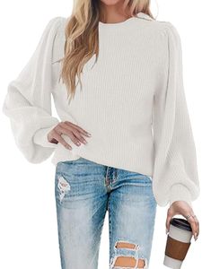Damen Sweatshirts Laterne Ärmel Pullover Gemütliche Plain Puffärmel Gestrickte Tops Weiß,Größe L