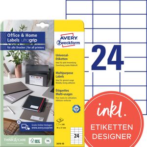 Avery Zweckform 3474-10 Etiketten, Home Office, Kleinpackung, A4 mit ultragrip,  Adressaufkleber 70 x 37 mm, weiß