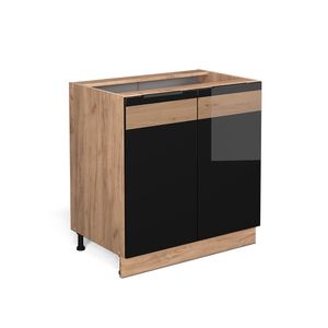 Vicco Spülenunterschrank Fame-Line, 80 cm mit Regal, ohne Arbeitsplatte, Schwarz Hochglanz/Goldkraft Eiche