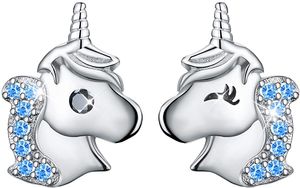 Pyzl ✦Ostergeschenke Kinder✦ Ohrringe Einhorn Mädchen，Einhorn Ohrringe mit Zirkonia Asymmetrie Ohrringe Hypoallergene Einhorn Stecker Ohrringe Kinder Ohrringe Mädchen Silber 925