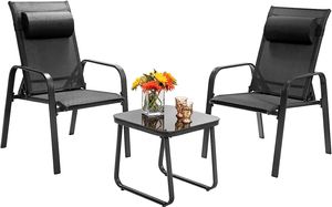 COSTWAY 3tlg. Sitzgruppe, Gartentisch aus Hartglas + 2 stapelbare Stühle mit 3-fach verstellbarer Rückenlehne & Kopfstütze, Gartengarnitur,  Balkonset Schwarz