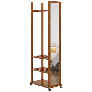 HOMCOM Standspiegel, Ganzkörperspiegel mit Ständer, 24,8 x 153,8 cm Garderobenspiegel mit Rollen, Garderobe mit 3 Ebenen, Kleiderstange, für Wohnzimmer, Schlafzimmer, Walnuss