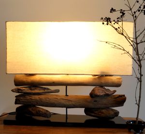 Tischlampe / Tischleuchte, Handgefertigt in Bali, Treibholz, Baumwolle, Unikat - Modell Malacoota, Weiß, Treibholz,Baumwollstoff, 43*50*17 cm, Tischlampen aus Naturmaterialien