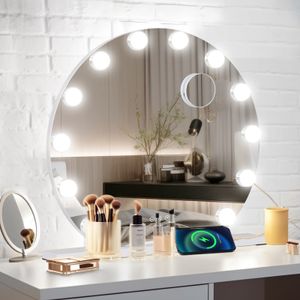 Puluomis Kosmetikspiegel Hollywood 60x58cm, Schminkspiegel mit Beleuchtung, 12 LED 3 Farben Dimmbar mit USB, 10x Vergrößen Spiegel Tischspiegel rund