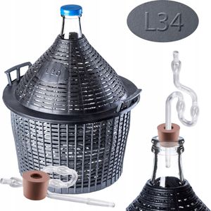 Sada sklenených karbošov KADAX "Alatri", s plastovým košom a fermentačným príslušenstvom, gumovou zátkou, plastovou fermentačnou trubicou, fľašou, 34 litrov