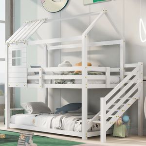 Merax Patrová postel 90x200 cm s rohovými schůdky a zábranou proti vypadnutí, klecí a oknem, borovicové dřevo Patrová postel House Bed Youth Bed, bílá