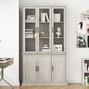 Standregal mit 6 Glastüren,Bücherregal mit schwarzem Metallgriff,Ober und Unterschrank,Vitrinenschrank für Wohnzimmer oder Küche,Hellgrau,117x40x207cm