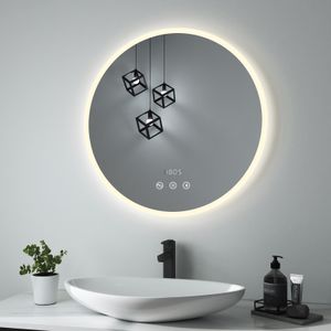 Heilmetz Badspiegel 70cm LED Rund Spiegel mit Beleuchtung Multifunktional Badezimmerspiegel Touchschalte+Beschlagfrei+Uhr+Bluetooth