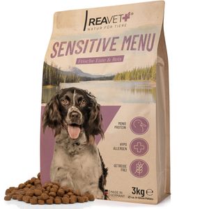 REAVET Hundefutter Trocken - Sensitive Menü Ente & Reis 3kg, Hypoallergenes Trockenfutter, Hoher Fleischanteil, Getreidefrei, Hundetrockenfutter Sensitiv